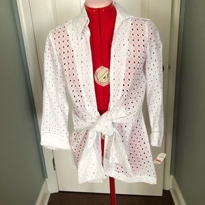 NEIMAN MARCUS WHITE COTTON EYELET BLOUSE w/ TIE WAIST PEPLUM SZ SMALL